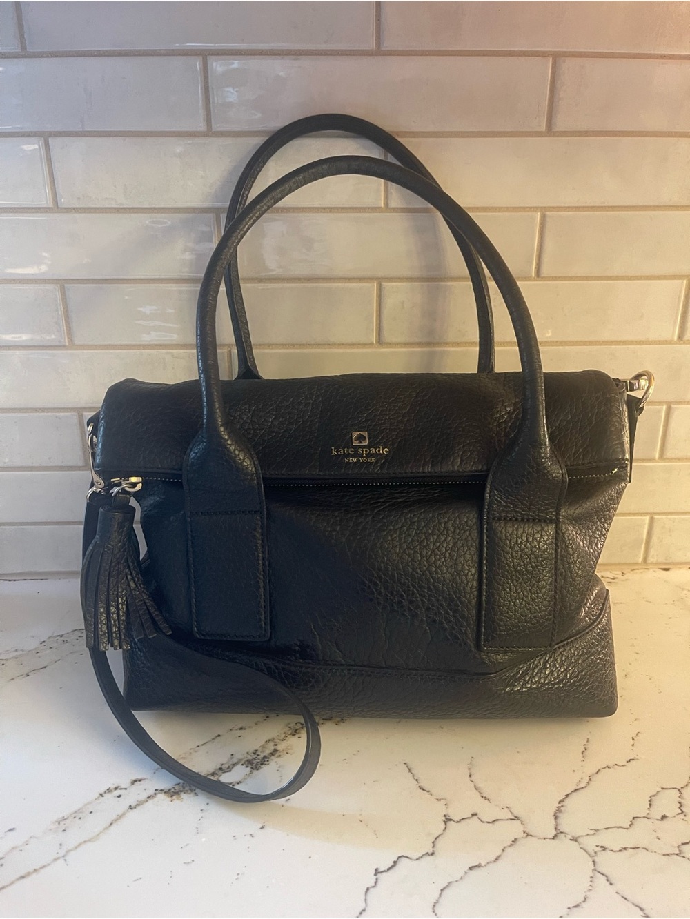kate spade Southport Avenue Carmen Black Pebbled Leather Satchel with Tassel